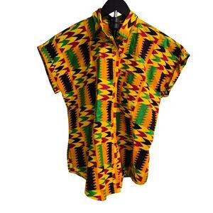 D'Iyanu African Kente Print Button Up Shirt Small Vibrant Festival Boho